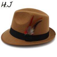 Fashion Women Mens Feminino Fedora Hat For Winter Autumn Wool Church Homburg Jazz Hat Size 57CM With Cool Feather