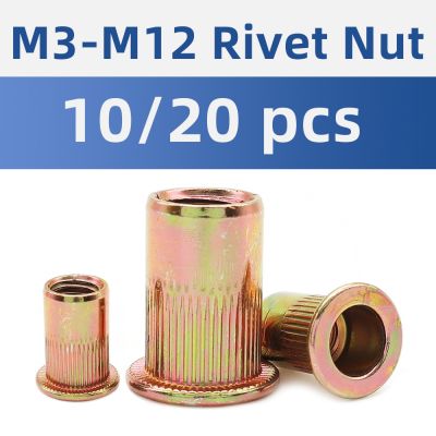 【CW】 10 20pcs M3 M4 M5 M6 M8 M10 M12 Rivet Nut Flat Head Knurled Body Zinc Plated Carbon Steel Rivnut Insert Nutserts Threaded