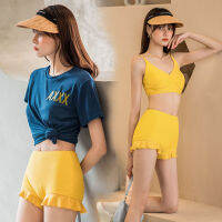 Yellow and Blue swimsuit 0420  ด้านในมีกางเกงขาสั้น กางเกงกระโปรง ผ้าดีมาก สีสันสดใส 3pcs มีแผ่นหน้าอก M L XL women short sleeve pants swimwear