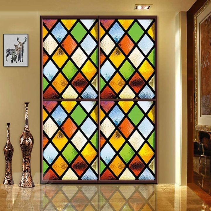 privacy-window-film-vinyl-no-glue-static-cling-color-rhombus-stained-frosted-glass-decorative-window-film-window-sticker