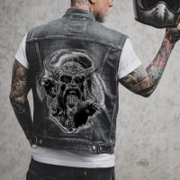 Mens Motorcycle Biker Denim Vests Horn Devil Print Waistcoat Slim Fit Ripped Hole Fashion Punk Rock Sleeveless Jacket