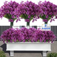 5 Bundles/Set Lifelike Violet Artificial Flowers for Outdoor Decor UV Resistant Fake Plants Outside Porch Wedding Decoration Traps  Drains