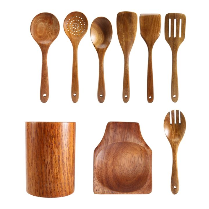 Wooden Kitchen Utensils set With Utensil Holder 9 PCS Teak Wooden