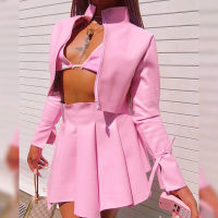 Women Tops Skirt Set Clothes Autumn Long Sleeve Zipper Coat+High Waist Pleated Mini Skirts Solid Leather Street Fashion Outfits