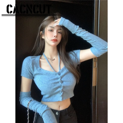 CACNCUT เสื้อถักแขนสั้น2023ผู้หญิง,ใหม่เสื้อแจ็คเก็ตลูกไม้แขนสั้นเข้ารูปสำหรับฤดูร้อน