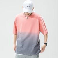 Gradient short sleeve T-shirt boys ins 2023 summer popular logo high street fashion loose Japanese niche half sleeve shirt --ntx230801✇㍿♂