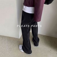 NTZOZ Miyake Pleated Pants Casual Pants Mens Autumn Korean Version Trendy Loose Straight Tube Drape Ice Silk Pants Wide Legs