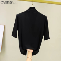 (M-5XL)CARINE เสื้อยืดสำหรับผู้หญิงสไตล์เกาหลีแบบครึ่งคอสูงเสื้อครึ่งแขนเสื้อยืดเสื้อเชิ้ตสีทึบยืดถึงก้น