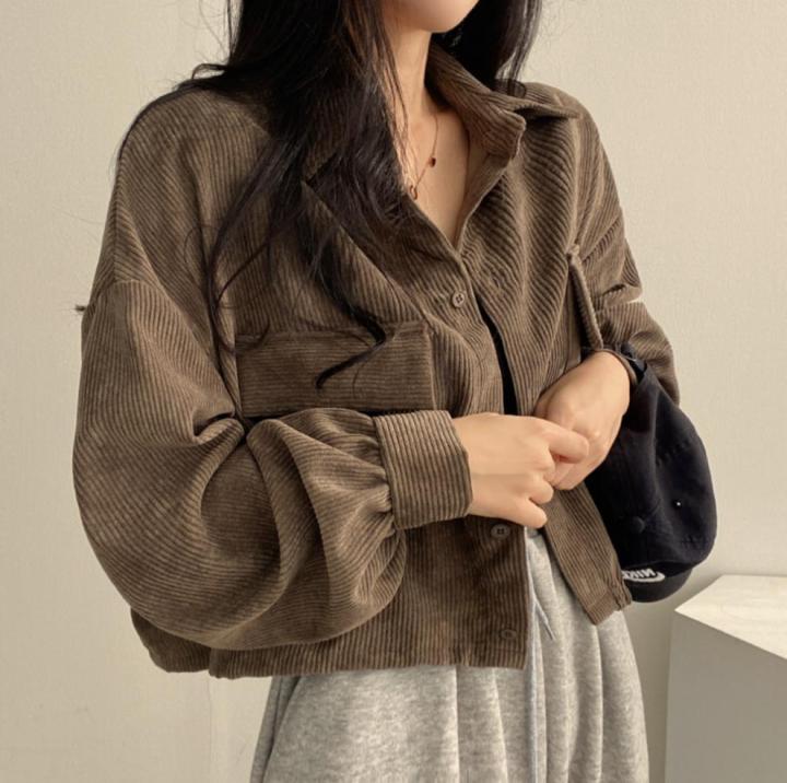 spot-korean-french-style-vintage-single-breasted-lapel-corduroy-shirt-long-sleeve-coat-female-fashion-2023
