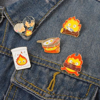 Cartoon Angry Wood Enamel Pins Custom Fire Elf Demon Japanese Calcifer Brooches Lapel Badge Anime Jewelry Gifts Drop Shipping