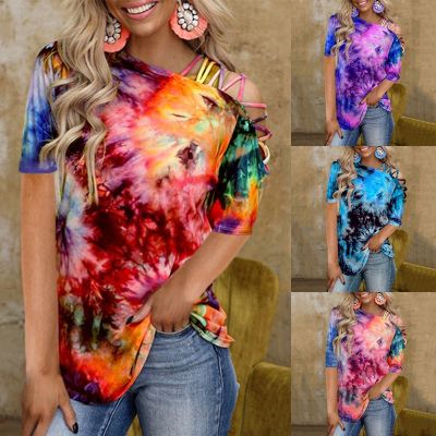 [COD] Cross-border 2023 summer hot style European and tie-dye printing short-sleeved strapless sexy casual loose T-shirt for women
