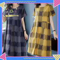【จัดส่งที่รวดเร็ว✨】Women Plaid Printing Dress Round Neck Short Sleeves A-line Skirt Large Size Loose Casual Dress