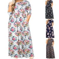 L-5XL Women Big Size V Neck Short Sleeve Floral Print Side Pocket Plus Size Dress 2047