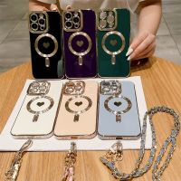 Luxury Crossbody Necklace Lanyard Plating Love Heart Case For Magsafe For iPhone 14 Pro Max 13 12 11 Plus Shockproof Cover