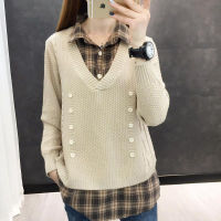 Spring Autumn Style Fake Two-piece Knitted Sweater Pullover Lady Casual Turn-down Collar Long Sleeve Knitted Pullover ZZ0999