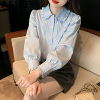 AFEG เสื้อแขนยาวผู้หญิง,สไตล์เกาหลีแบบใหม่สีทึบย้อนยุคทรงหลวมแฟชั่นคอตุ๊กตา