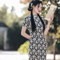 R Handmade ปุ่มยืดผ้าฝ้าย Jacquard เข่าความยาว Cheongsam จีนแขนสั้นผู้หญิง Qipao ทุกวัน Dress