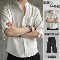 Ready Stock?? Linen shirt mens short-sleeved shirt loose mens clothing simple summer cotton and linen mens casual new half-sleeve two-piece suit