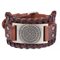 【CW】 Classic PunkNordicCompass Wide Leather WrapBangles for Men Classic Norway Iceland Rune Amulet Jewelry