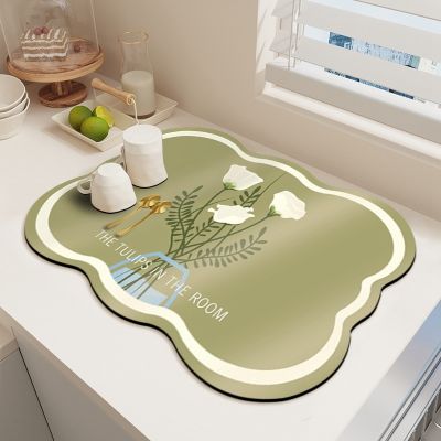 【YF】 Countertop Dish Cup Drying Mat Kitchen Tableware Draining Pad Absorbent Printed Coffee Machine Drain Table Placemat Decor