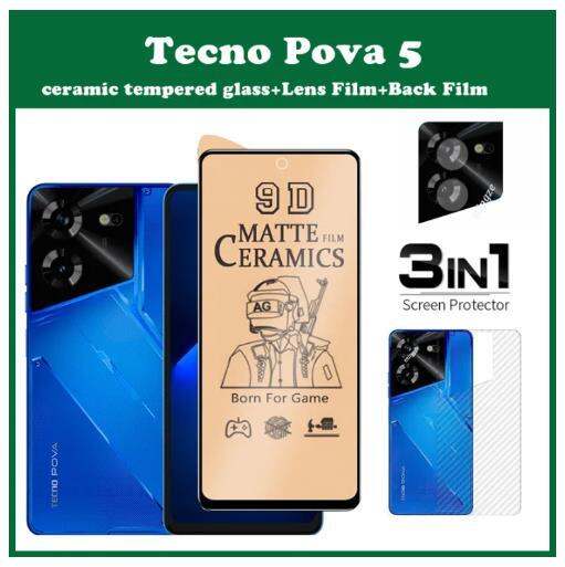 ป้องกันหน้าจอกระจกนิรภัยเซรามิกสำหรับ Tecno Pova 5ชิ้น (3ใน1) + ฟิล์ม ...