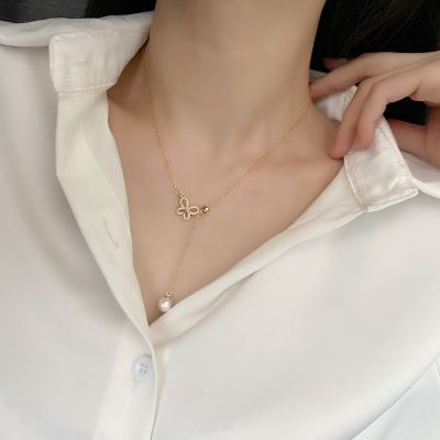 [COD] gold electroplating Korean minimalist necklace pearl micro-inlaid zircon butterfly net red temperament design