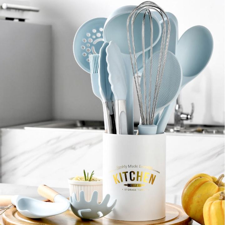 12-Piece Silicone Kitchen Cooking Utensils Set with Holder, Wooden Handle Utensils for Cooking, Kitchen Tools Include Spatula Turner Spoons Soup Ladle