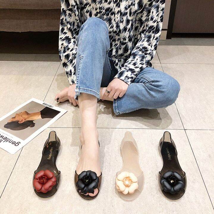 thai-web-celebrity-jelly-shoes-female-summer-sandals-fish-mouth-flat-hollow-transparent-plastic-flowers-single-shoe-lazada-selling