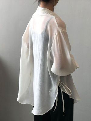 เสื้อกันแดดผ้าชีฟองผ้าไหมน้ำแข็งสำหรับผู้หญิง,เสื้อเบลาส์โอเวอร์ไซส์ทรงหลวมเสื้อกันแดดแขนสไตล์เกาหลียาว