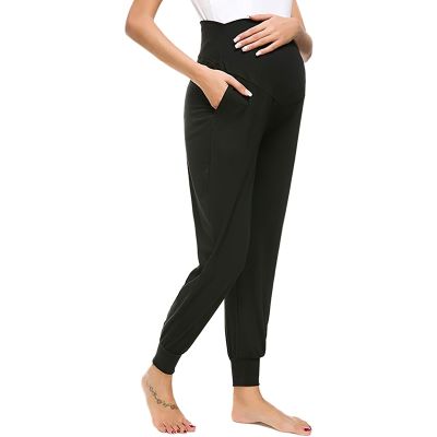 กางเกงเอวสูงยืดได้สำหรับหญิงตั้งครรภ์,กางเกงกีฬากระเป๋าสวมใส่สบายสำหรับกางเกงผ้าคอตตอนพิมพ์ลายมีครรภ์