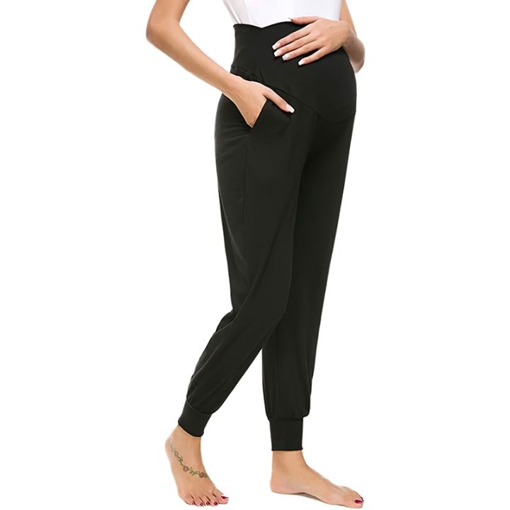 กางเกงเอวสูงยืดได้สำหรับหญิงตั้งครรภ์-กางเกงกีฬากระเป๋าสวมใส่สบายสำหรับกางเกงผ้าคอตตอนพิมพ์ลายมีครรภ์