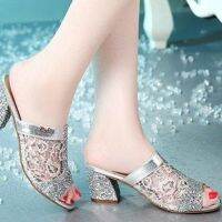 ashion Open Toe Slippers Bling Bling Glitter Mesh PU Leather Summer Shoes Woman Square Heel Pumps Sandals Zapatos Mujer Sapatos Femininos