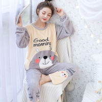 New  Autumn Winter Warm Flannel Women Pyjamas Sets Thick Coral Velvet Long Sleeve Cartoon Sleepwear Flannel Pajamas Set Girl