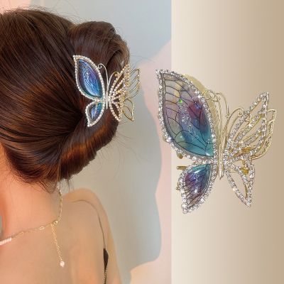 Korean Hair Claw High end Color Amber Butterfly Hair Clip Women Rhinestones Luxury Exquisite Hairpin Shark Clip Hair Accessories
