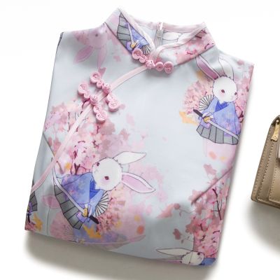 summer cheongsam young girl cute anime rabbit Cherry blossom pink Chinese style dress DA018