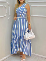 One Shoulder Striped Print Cutout ชุดลำลองผู้หญิงแขนกุด Summer Maxi Dress