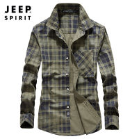 JEEP SPIRIT เสื้อเชิ้ตผู้ชายแขนยาวทรงหลวม,เสื้อเชิ้ตลายทหารชุดทำงานผ้าฝ้าย