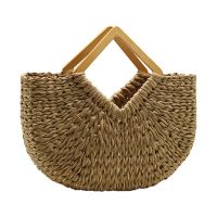 Square Wooden Handle Half Moon Straw Tote Bag Women Designer Large Capacity Woven Beach Bag Ladies Bohemia Handbag