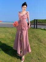 Pink roses condole belt dress female summer collect temperament fishtail skirt waist irregular fold open fork of the dress