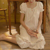 Women Lolita Princess Dress Puff Sleeve Sleepshirts Vintage Stringy Selvedge Lace