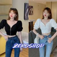 Zero shop?พร้อมส่ง? (Zero-58086New) เสื้อไหมพรมแขนพองๆ แขนสั้นทรงเจ้าหญิง รูดซิปด้านหน้าได้