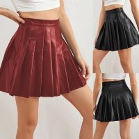 Womens Faux PU Leather Skirts Casual High Waist Elastic Stretch Pleated A-Line Skirt Cosplay Sexy Mini Clubwear Solid Color