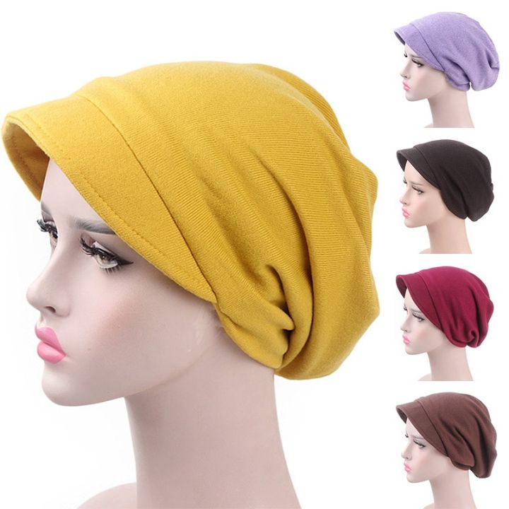 หมวกผ้าโพกหัวแฟชั่นสำหรับผู้หญิงหมวกสำหรับทำเคมีบำบัดแบบเรียบหมวกผ้าฮิญาบยึดโพกมุสลิม