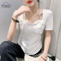 YIMEI เสื้อ2023คอตตอนสีขาวแขนสั้นสำหรับผู้หญิง,เสื้อยืดสีขาวแฟชั่นของผู้หญิงแวววาวฤดูร้อนดีไซน์ใหม่