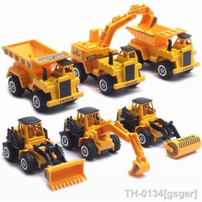 ○ 6 pces 4 escala 1:64 liga abs brinquedo de engenharia caminhão modelo conjunto carro deslizante movimento empilhadeira escavadeira rolo crianças brinquedos