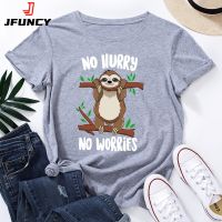 JFUNCY 2022 Summer Women 39;s Cotton T Shirts Short Sleeve Tee Shirts Cute Cartoon Sloth Print Female Tops Oversized Women Tshirt
