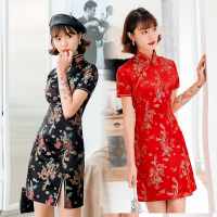 2020 ใหม่ฤดูร้อนแห่งชาติจีนชุด Cheongsam สั้นมังกรฟีนิกซ์ผู้หญิงแต่งตัวแยกชุดมินิ Qipao