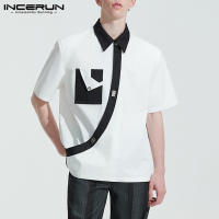 INCERUN ผู้ชายแขนสั้นปกสีสบายๆเสื้อเชิ้ตเสื้อตัวบน (สไตล์ตะวันตก)