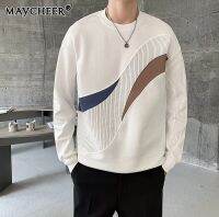 MAYCHEER เสื้อกันหนาวเท่ๆ เสื้อสเวตเตอร์ผู้ชายสีบล็อกแฟชั่นที่เรียบง่ายคอลูกเรือ เสื้อสเวตเตอร์หลวม