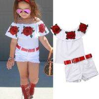 1-7Y Infant Kids Baby Girl Clothes Sets Off Shoulder 3D Rose Flower Cotton Top Skirt Outfit Set